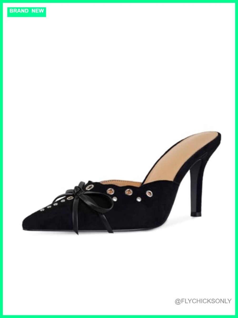 DOEYG Suede Studded Pointed Toe Stiletto Heeled Mules with Bow Tie